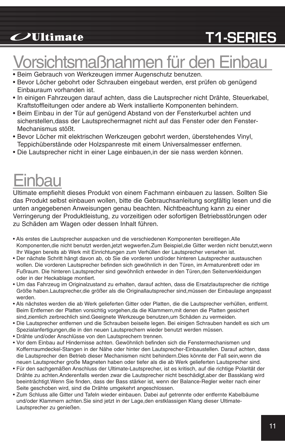 Vorsichtsmaßnahmen für den einbau, Einbau | Ultimate Products T1-420 User Manual | Page 11 / 16