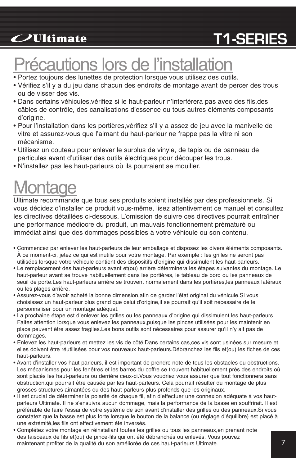 Précautions lors de l’installation, Montage | Ultimate Products T1-420 User Manual | Page 7 / 16