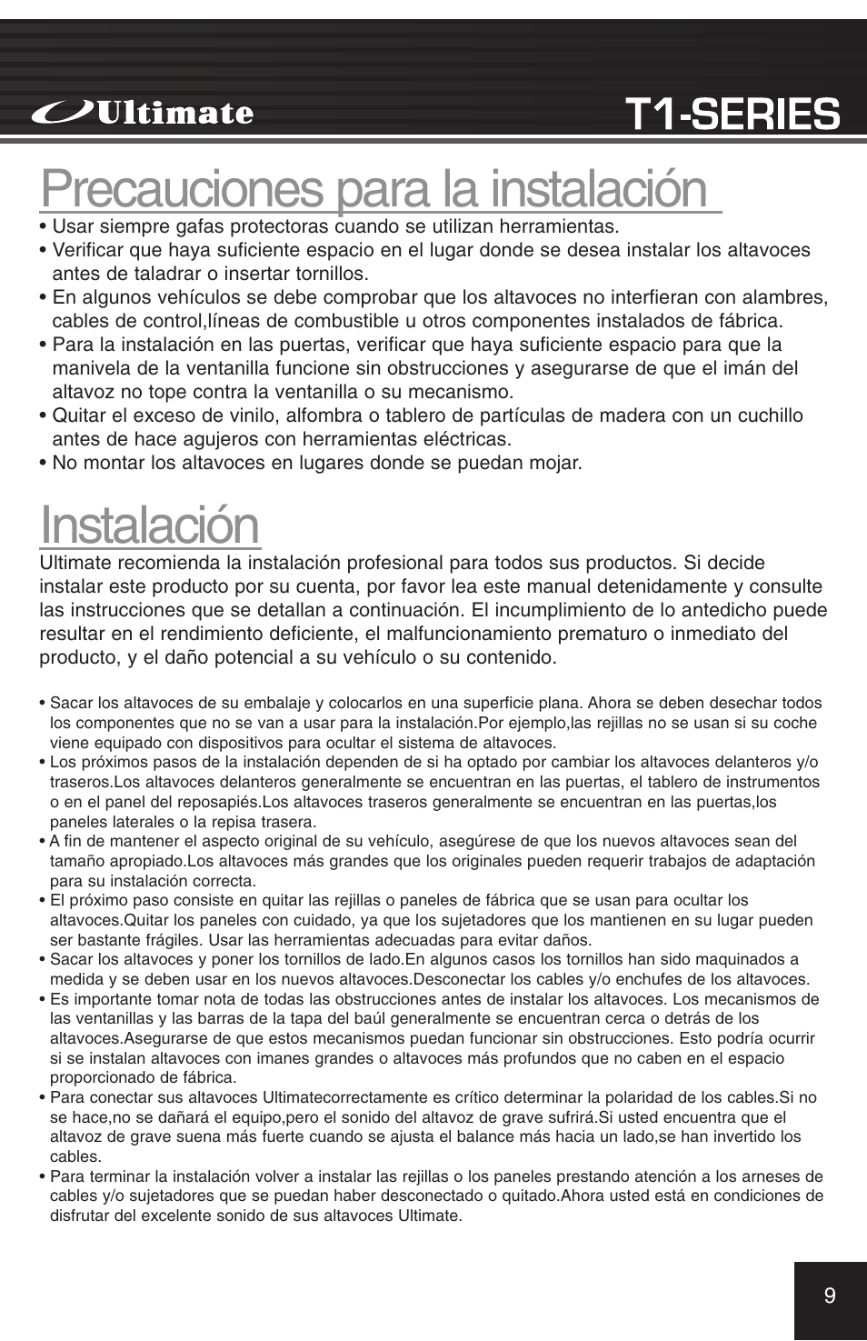 Precauciones para la instalación, Instalación | Ultimate Products T1-420 User Manual | Page 9 / 16