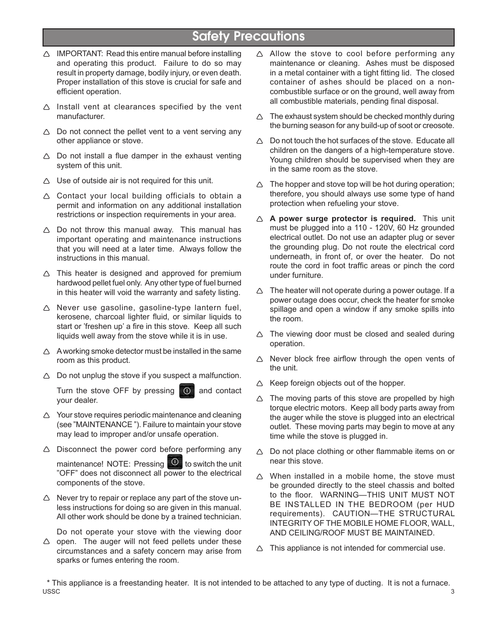 Safety precautions | United States Stove Company 58242 User Manual | Page 3 / 20