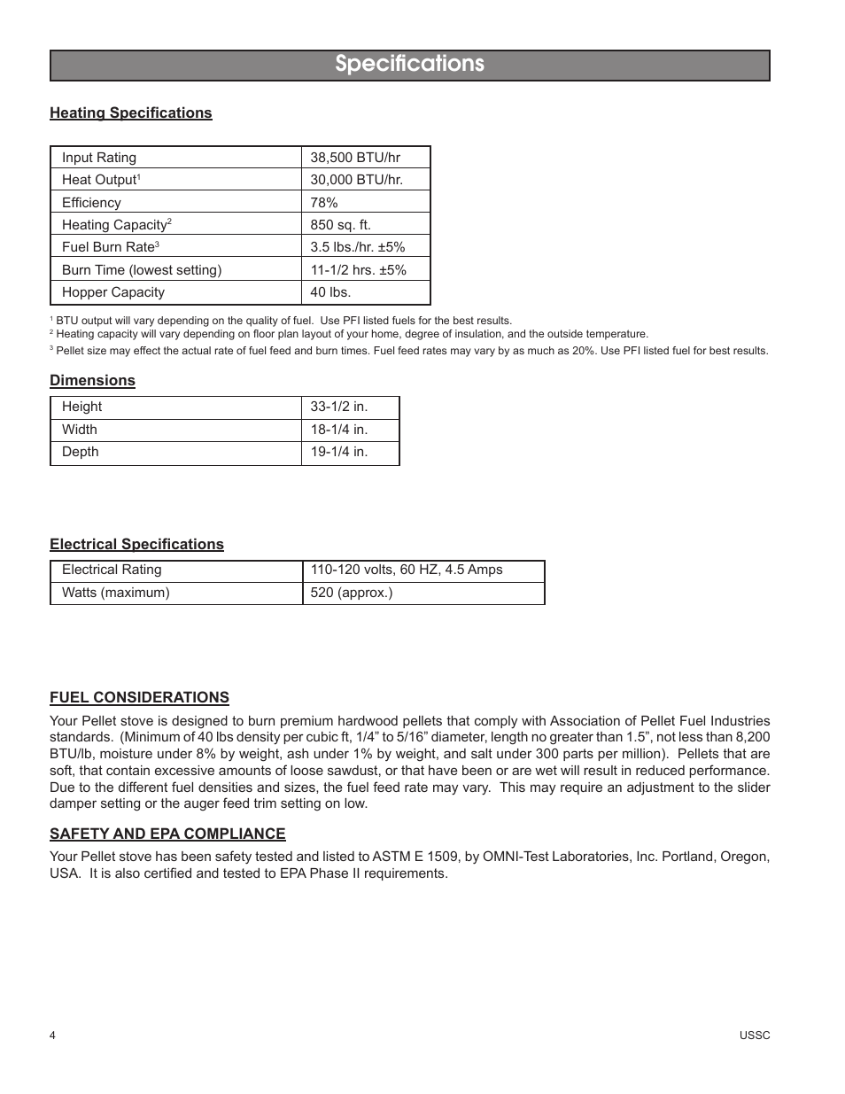 Specifications | United States Stove Company 58242 User Manual | Page 4 / 20