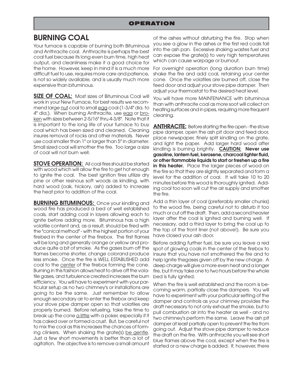 Burning coal | United States Stove Company 30A User Manual | Page 17 / 24