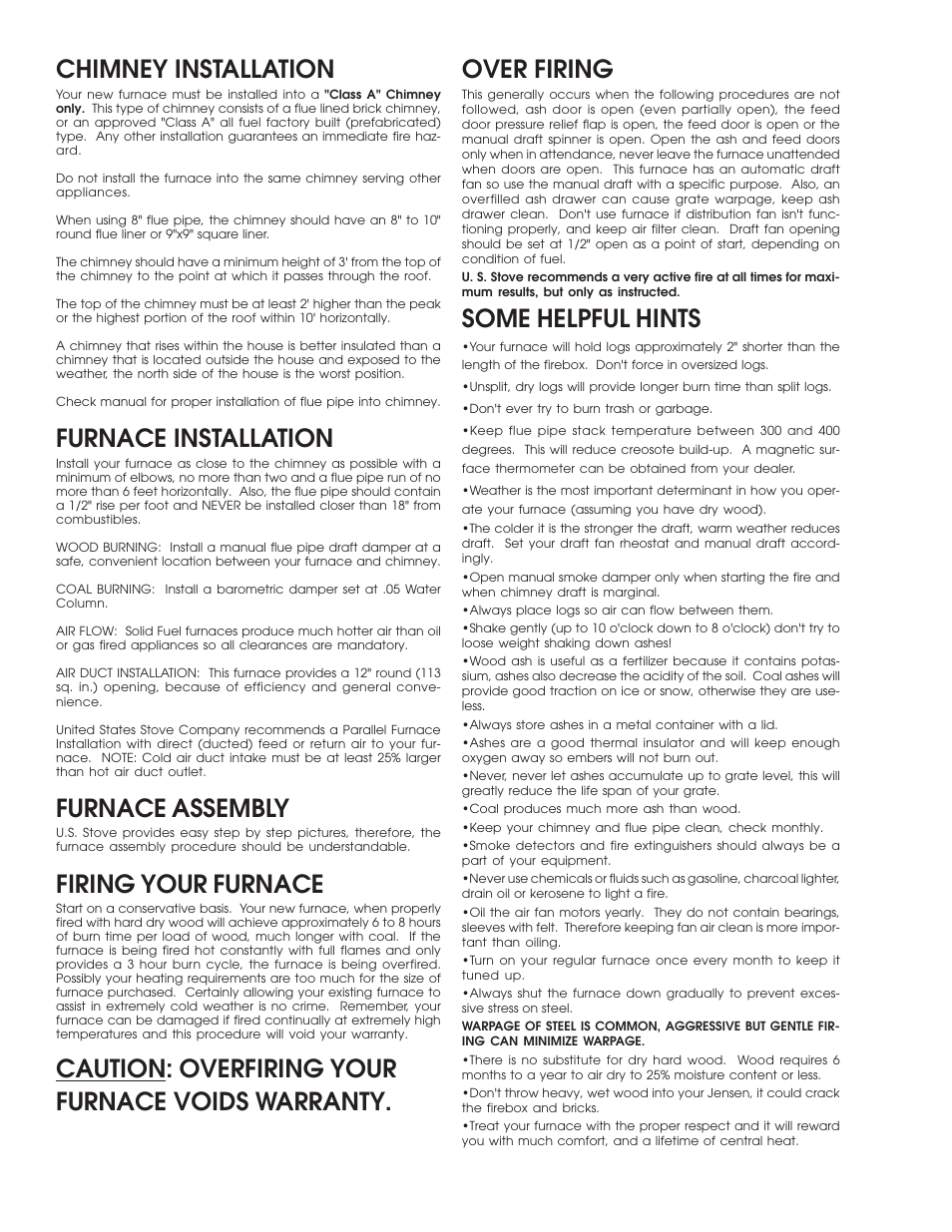 Chimney installation, Furnace installation, Furnace assembly | Firing your furnace, Some helpful hints | United States Stove Company 30A User Manual | Page 2 / 24