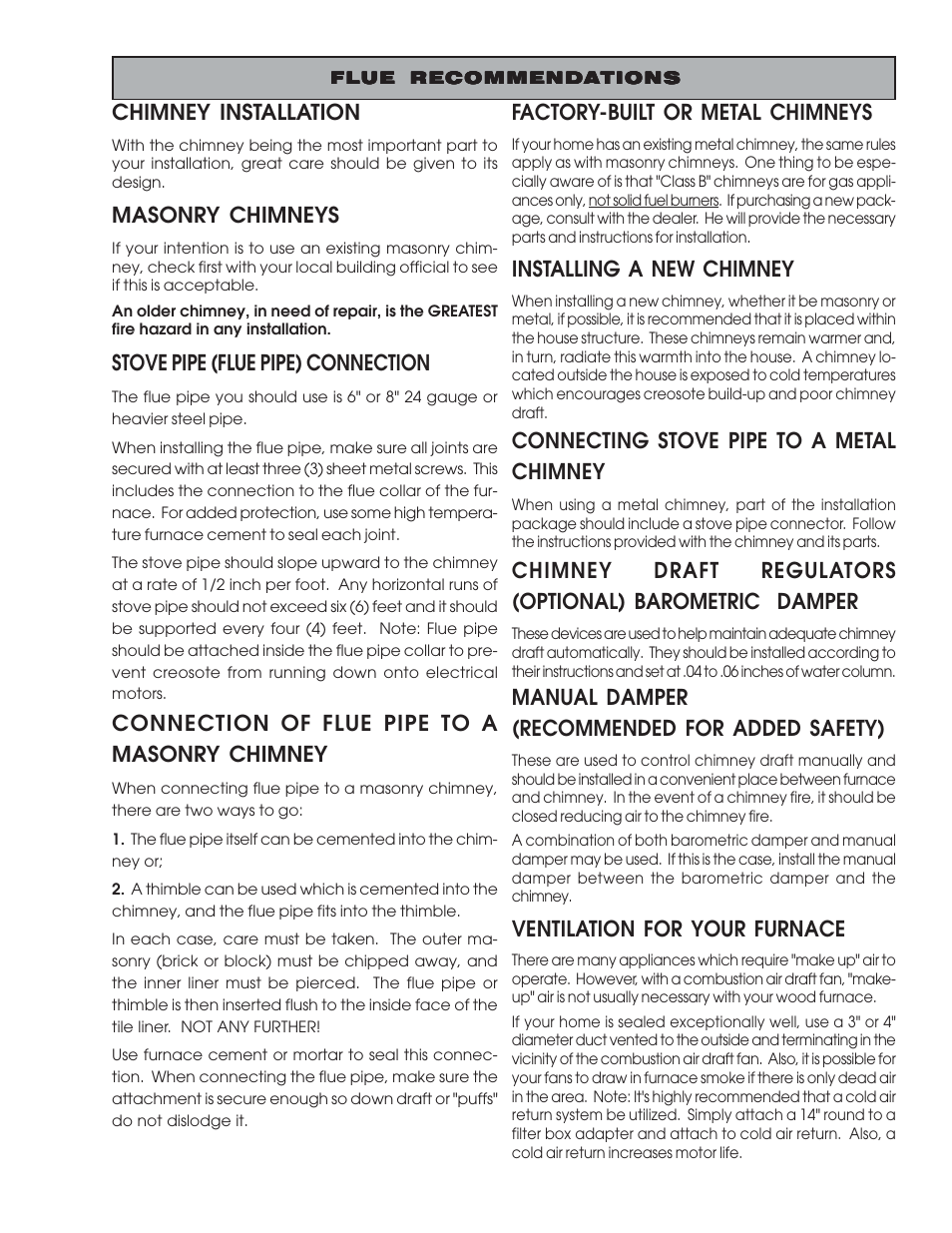 Factory-built or metal chimneys, Installing a new chimney, Connecting stove pipe to a metal chimney | Manual damper (recommended for added safety), Ventilation for your furnace, Chimney installation, Masonry chimneys, Stove pipe (flue pipe) connection, Connection of flue pipe to a masonry chimney | United States Stove Company 30A User Manual | Page 9 / 24