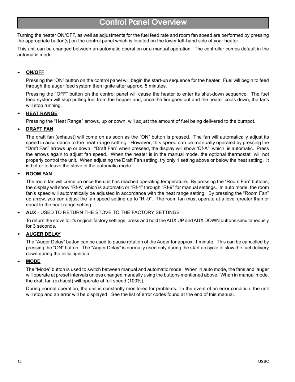 Control panel overview | United States Stove Company 5510 User Manual | Page 12 / 24