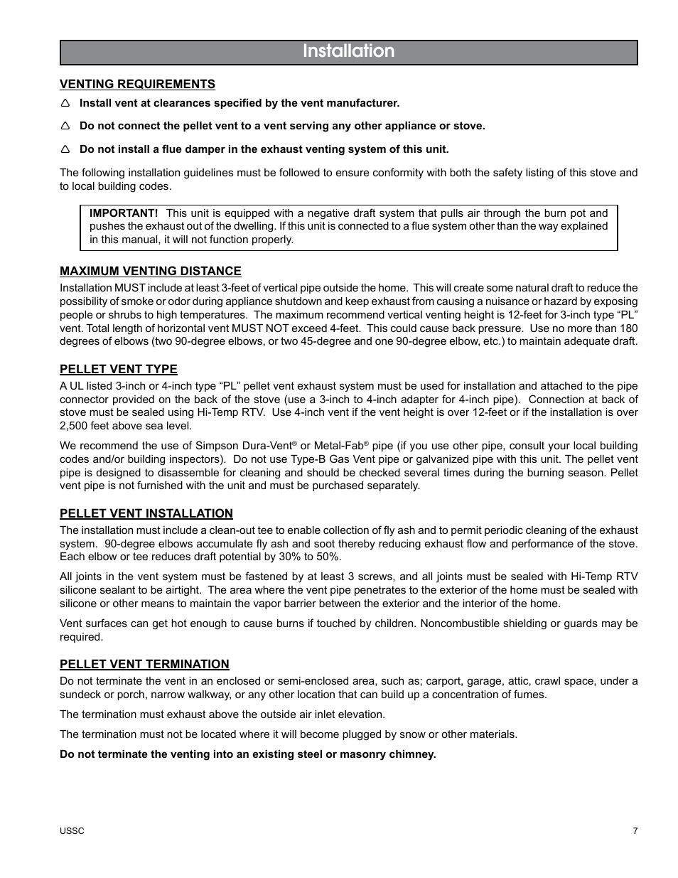 Installation | United States Stove Company 5510 User Manual | Page 7 / 24