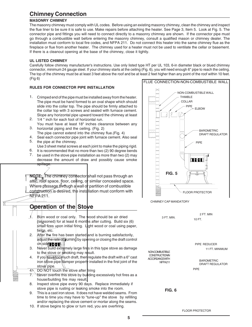 Chimney connection, Operation of the stove | United States Stove Company 1864 User Manual | Page 5 / 8