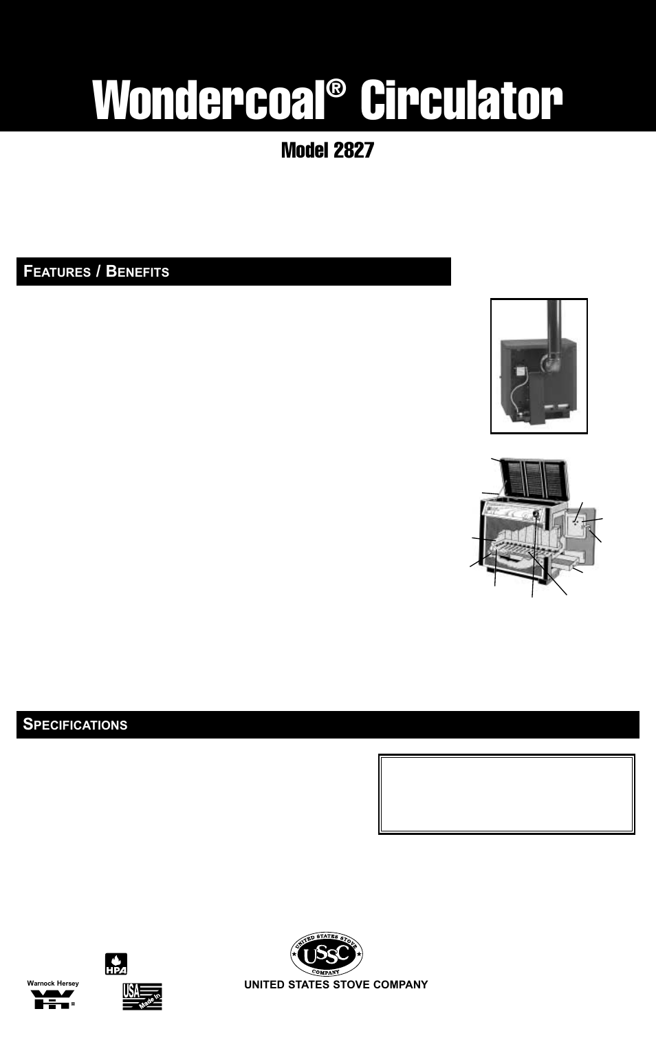 Wondercoal, Circulator, Model 2827 | Limited warranty | United States Stove Company WONDERCOAL 2827 User Manual | Page 2 / 2