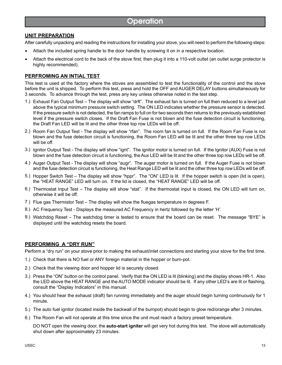 Operation | United States Stove Company KING/ASHLEY PELLET STOVE 5500M User Manual | Page 13 / 24