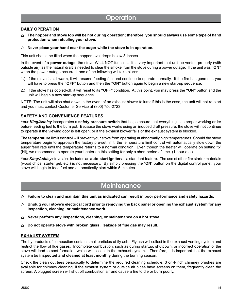 Maintenance operation | United States Stove Company KING/ASHLEY PELLET STOVE 5500M User Manual | Page 15 / 24