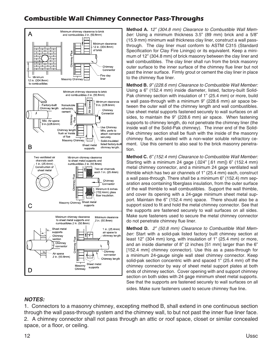 Combustible wall chimney connector pass-throughs | United States Stove Company 2000 User Manual | Page 12 / 20