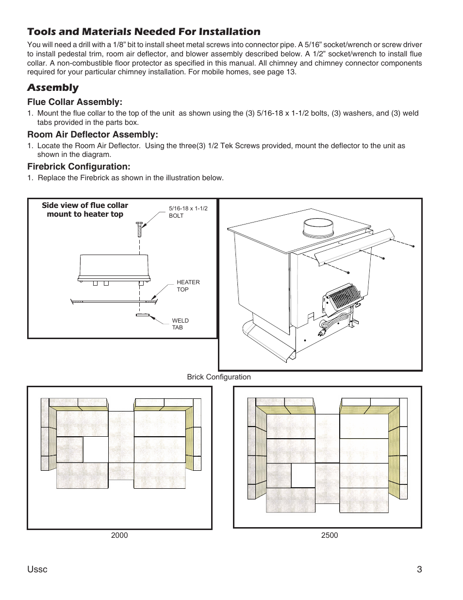 Tools and materials needed for installation, Assembly | United States Stove Company 2000 User Manual | Page 3 / 20