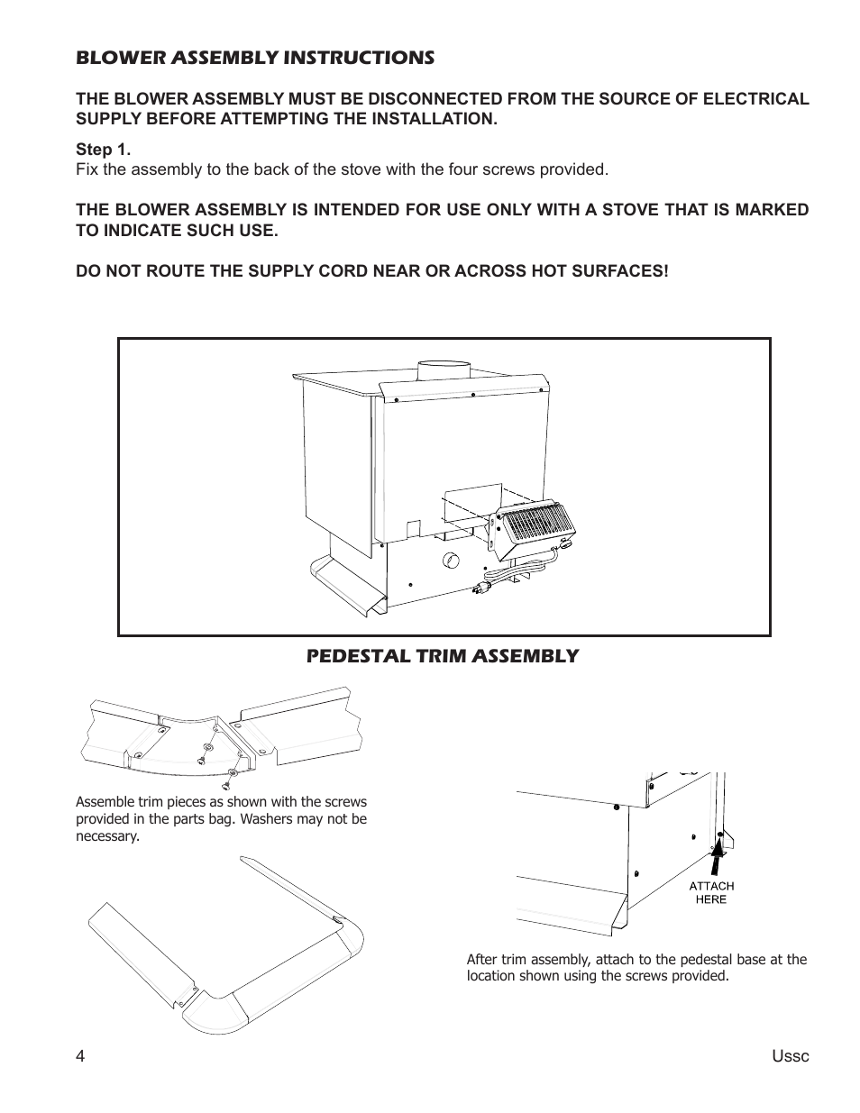 Blower assembly instructions, Pedestal trim assembly | United States Stove Company 2000 User Manual | Page 4 / 20