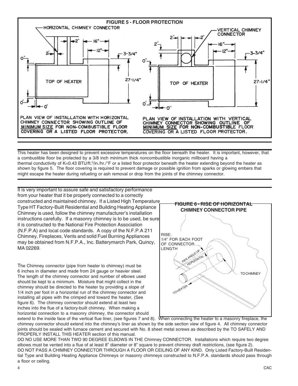 Floor protection, Chimney connector and chimneys | United States Stove Company DR6 User Manual | Page 4 / 18