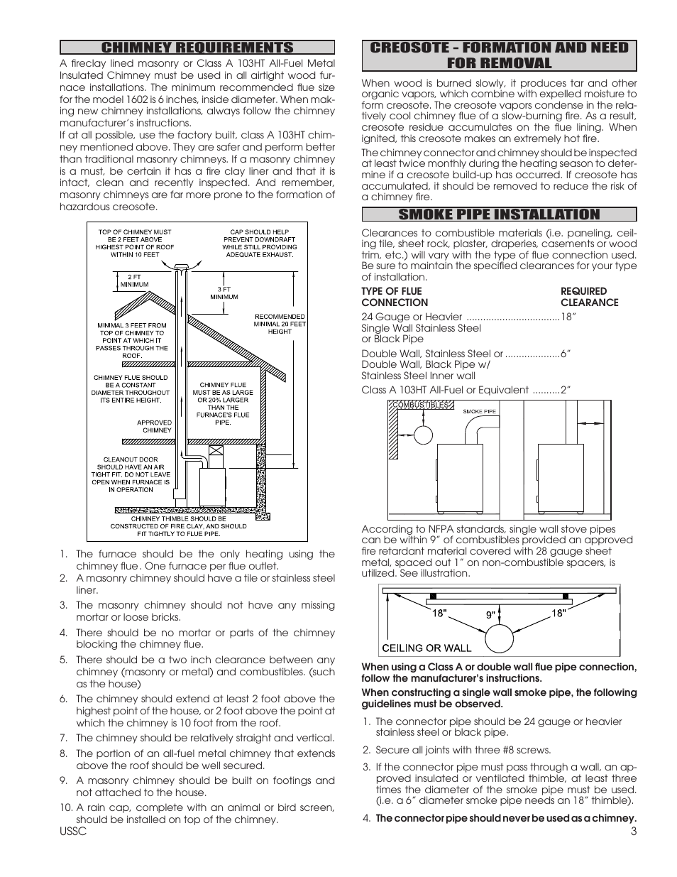 Chimney requirements, Creosote - formation and need for removal, Smoke pipe installation | United States Stove Company NITED STATES STOV 1602M User Manual | Page 3 / 20