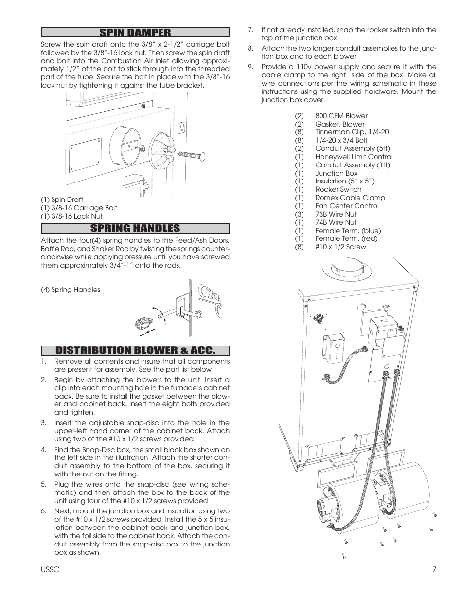 Spring handles, Distribution blower & acc, Spin damper | United States Stove Company NITED STATES STOV 1602M User Manual | Page 7 / 20