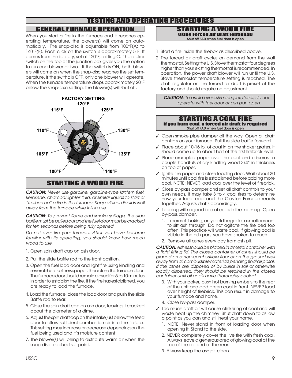 Starting a wood fire, Starting a coal fire | United States Stove Company NITED STATES STOV 1602M User Manual | Page 9 / 20