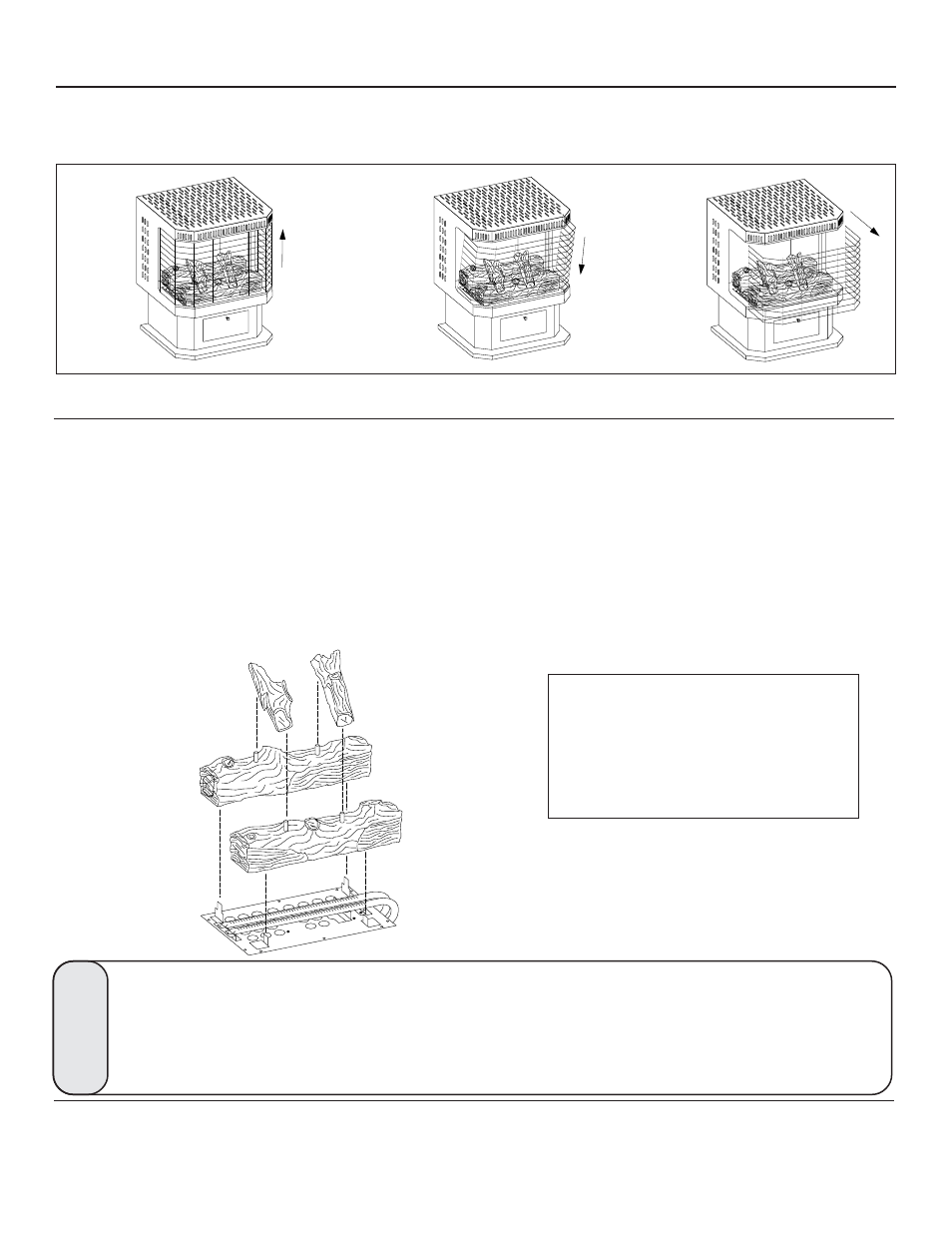 Removing front screen, Log assembly | United States Stove Company G9843L User Manual | Page 10 / 24