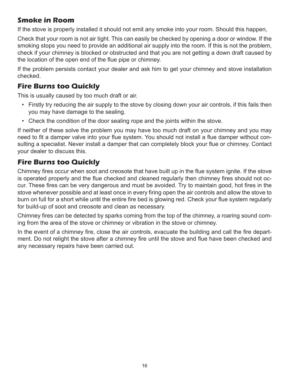 Smoke in room fire burns too quickly, Fire burns too quickly | United States Stove Company 3700 User Manual | Page 16 / 20
