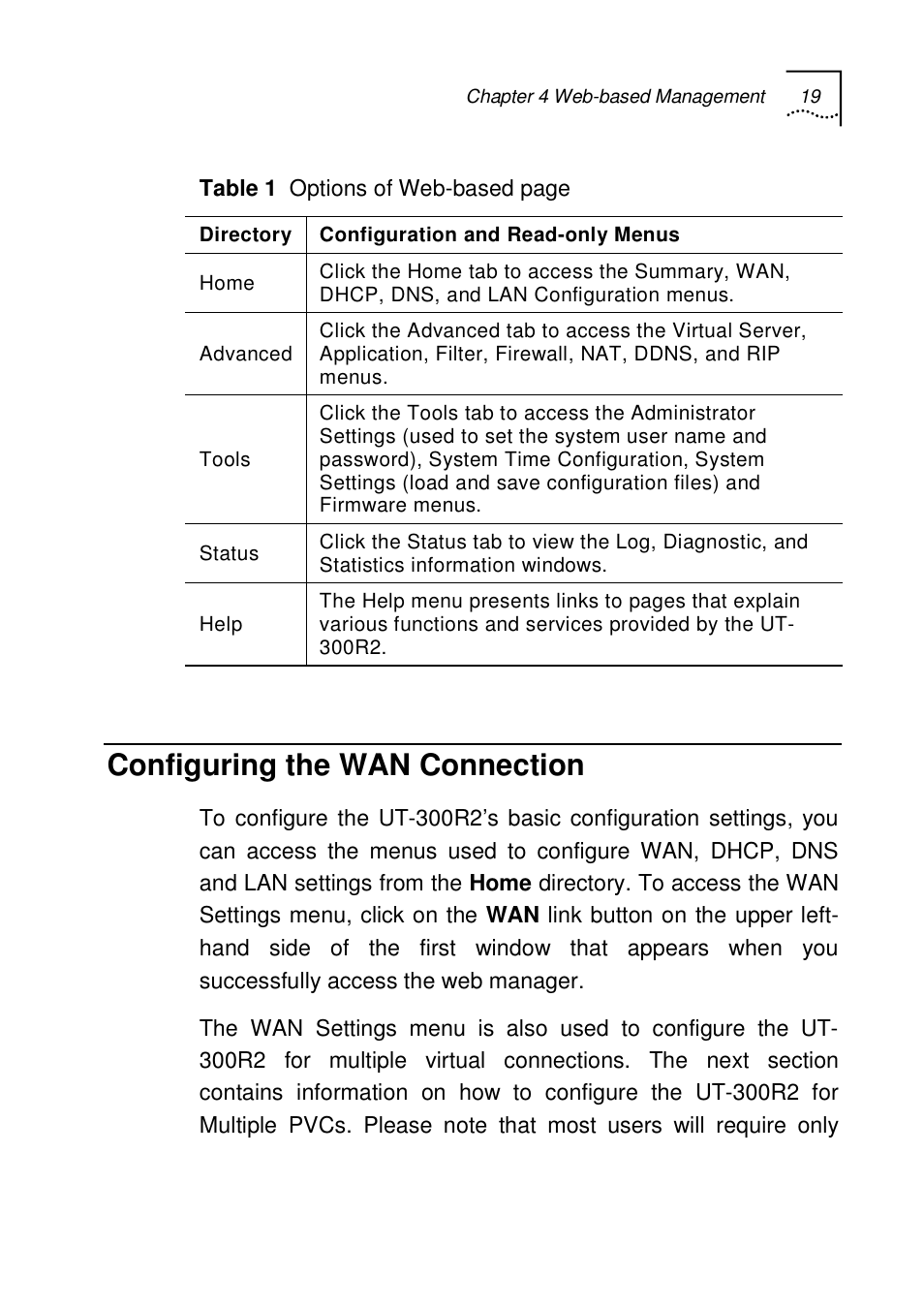 Configuring the wan connection | UTStarcom UT-300R2 User Manual | Page 21 / 85