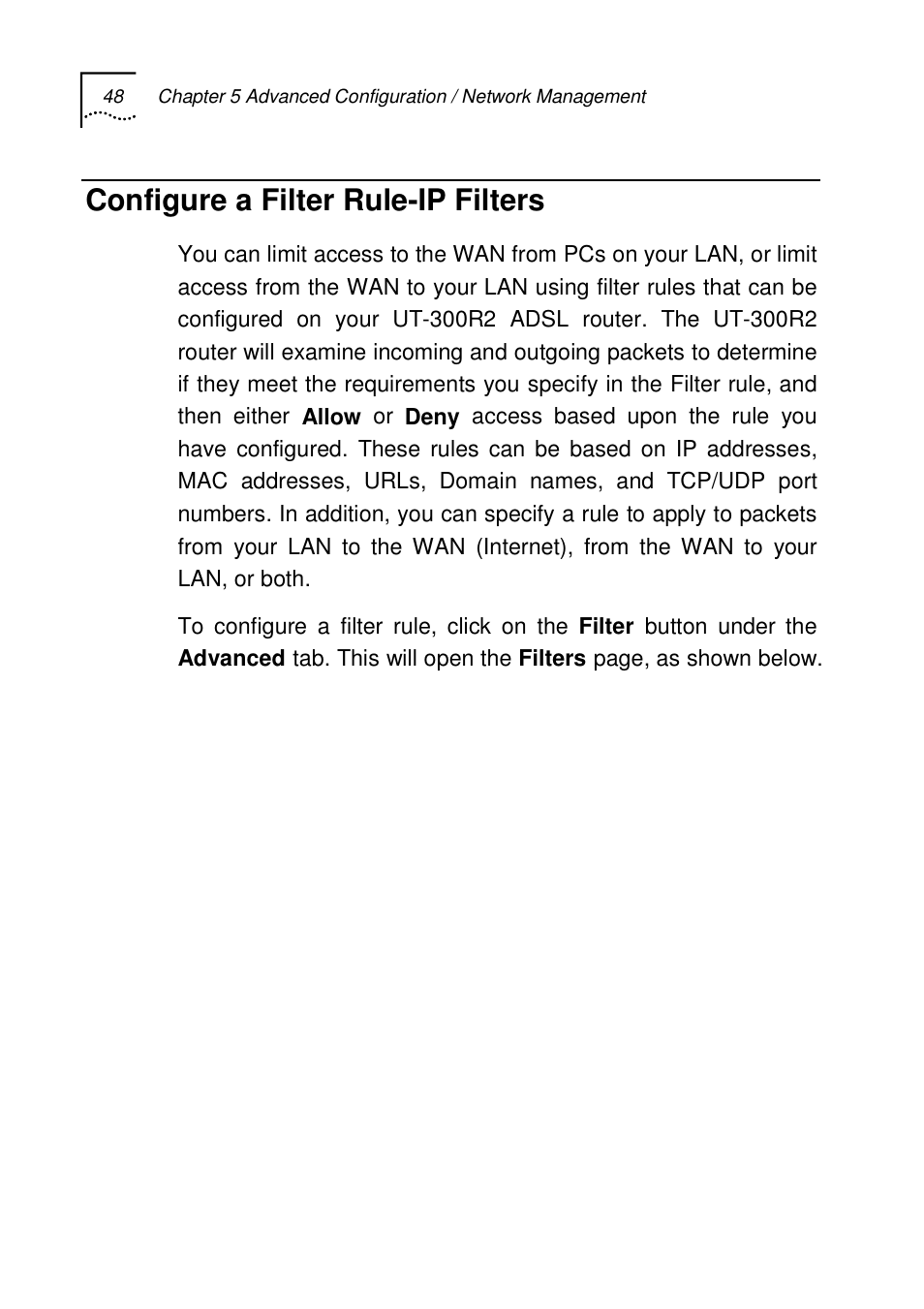 Configure a filter rule-ip filters | UTStarcom UT-300R2 User Manual | Page 50 / 85