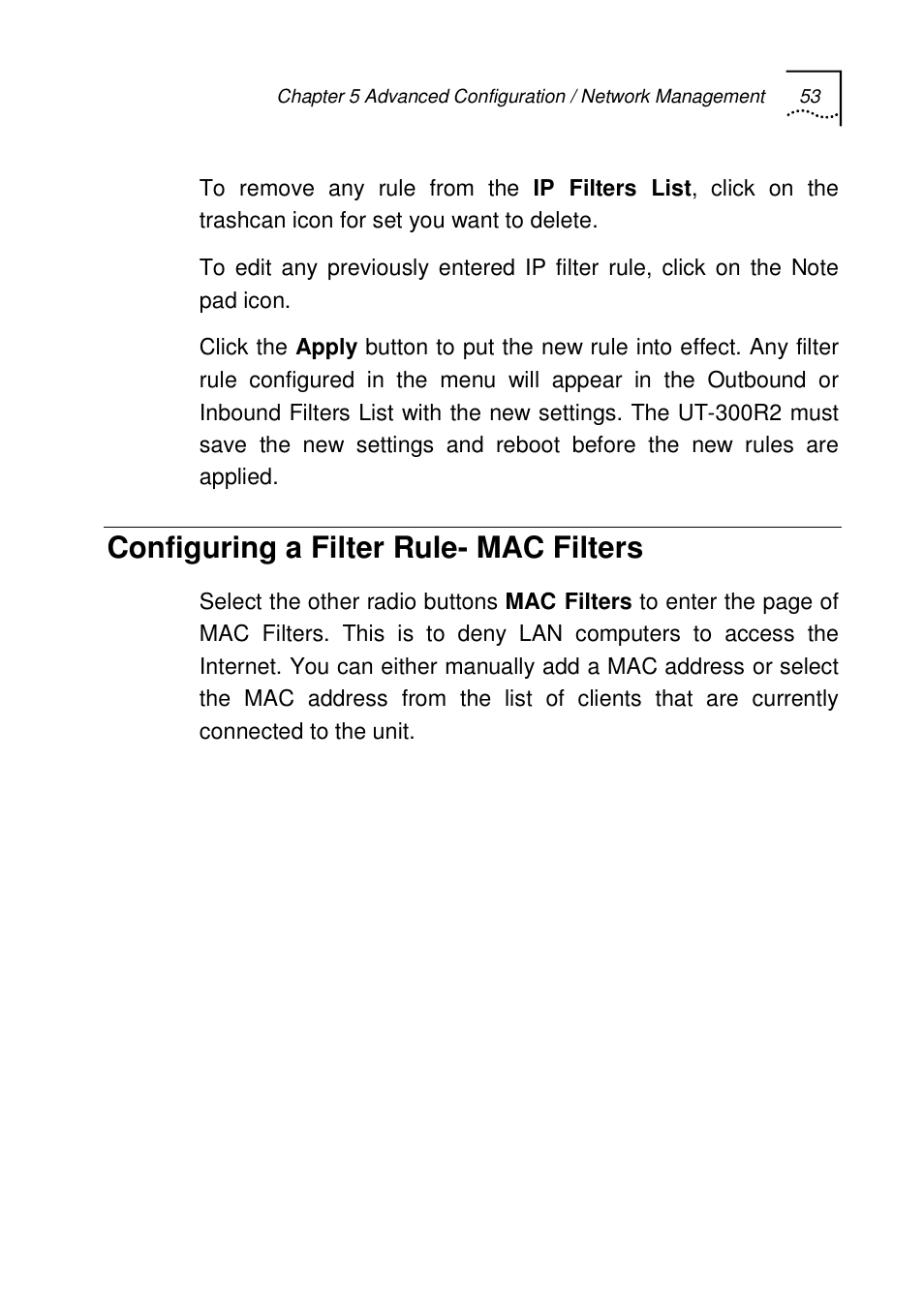 Configuring a filter rule- mac filters | UTStarcom UT-300R2 User Manual | Page 55 / 85