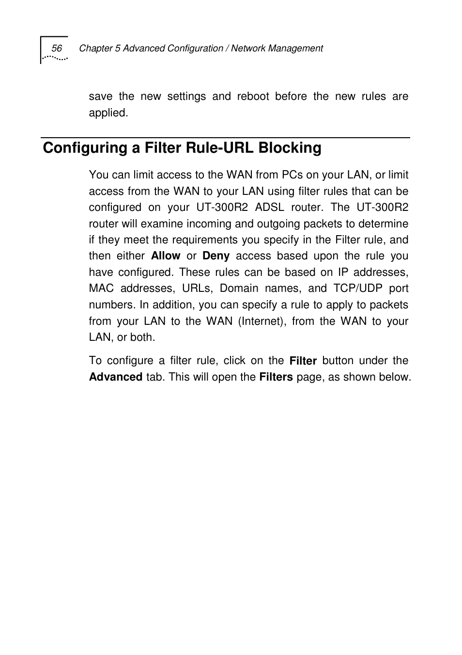 Configuring a filter rule-url blocking | UTStarcom UT-300R2 User Manual | Page 58 / 85