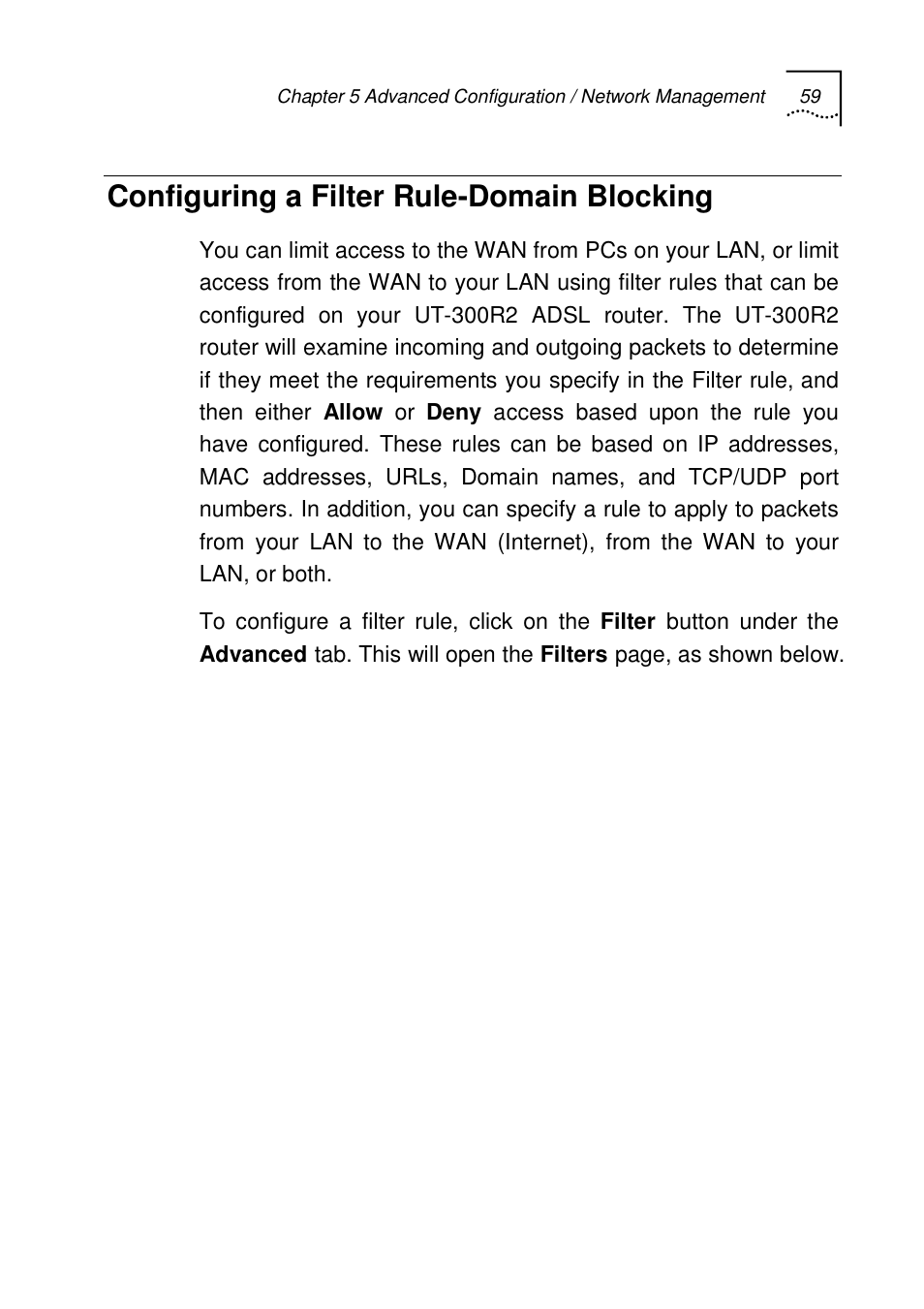 Configuring a filter rule-domain blocking | UTStarcom UT-300R2 User Manual | Page 61 / 85