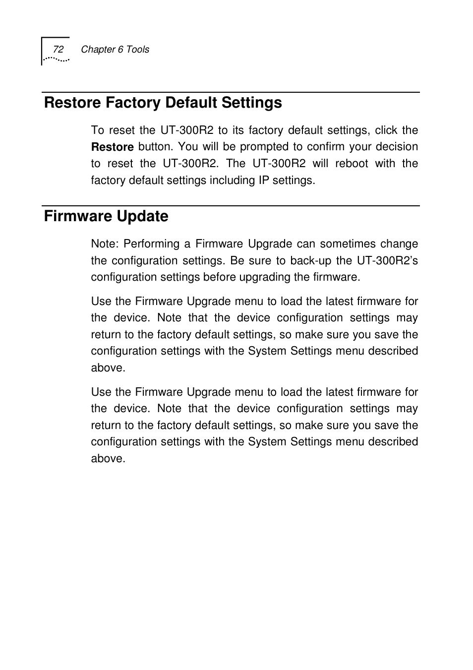 Restore factory default settings, Firmware update | UTStarcom UT-300R2 User Manual | Page 74 / 85