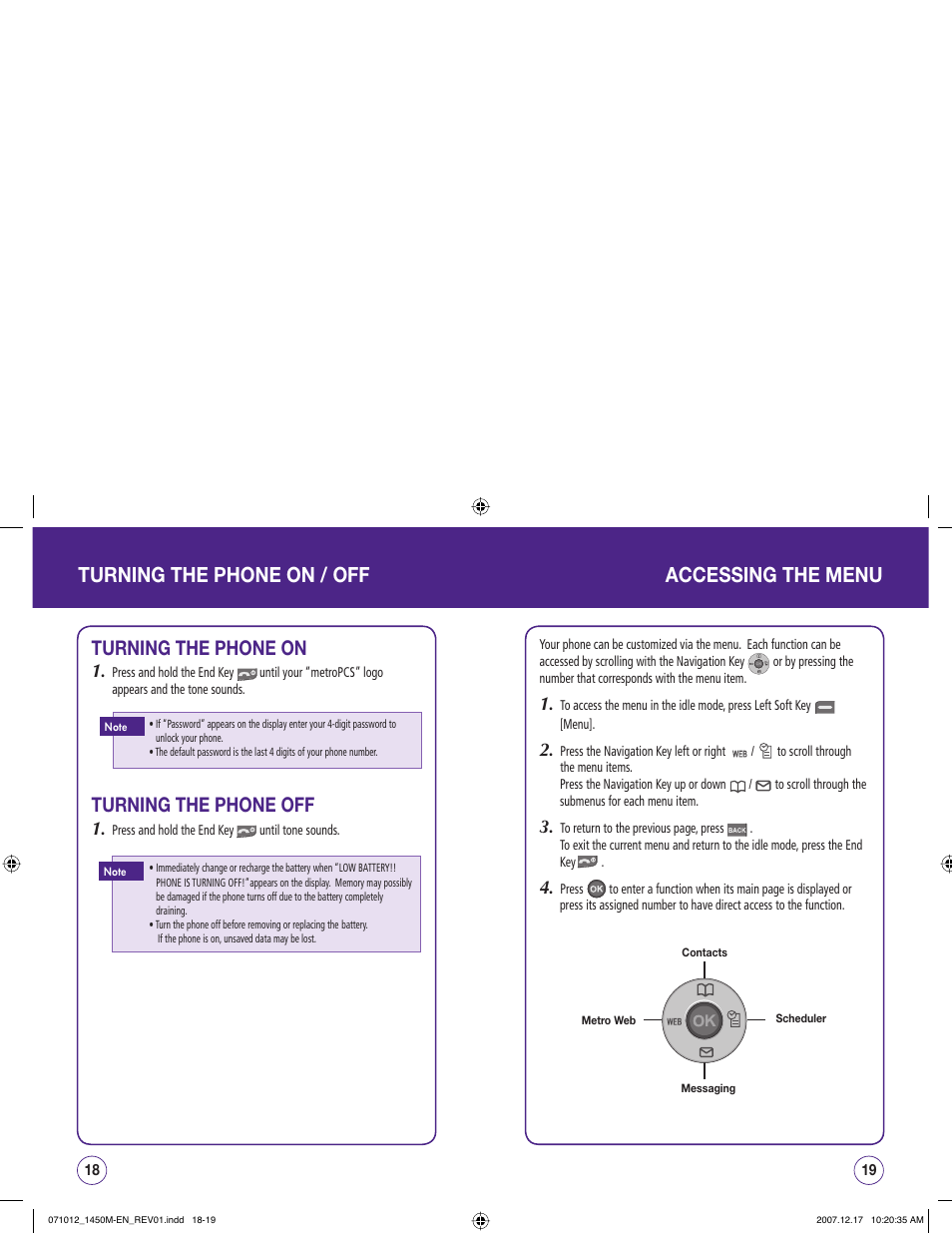 Turning the phone on / off, Accessing the menu, Turning the phone on | Turning the phone off | UTStarcom CDM1450 User Manual | Page 10 / 166