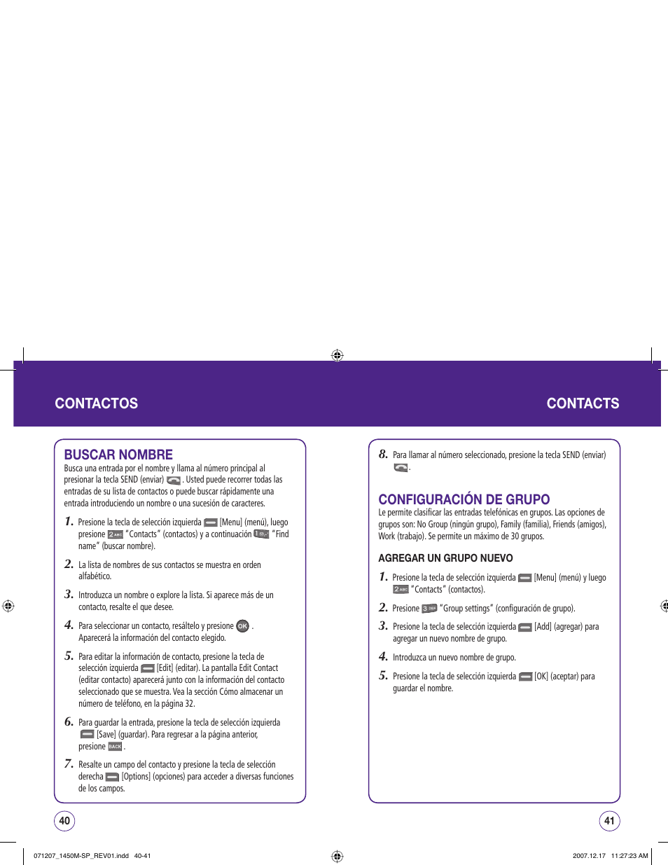 Contactos, Contacts, Buscar nombre | Configuración de grupo | UTStarcom CDM1450 User Manual | Page 101 / 166
