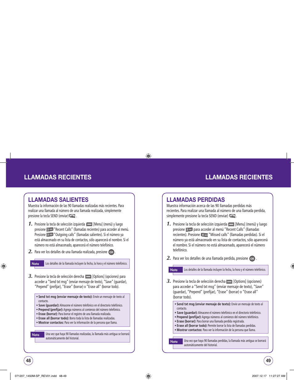 Llamadas recientes, Llamadas salientes, Llamadas perdidas | UTStarcom CDM1450 User Manual | Page 105 / 166
