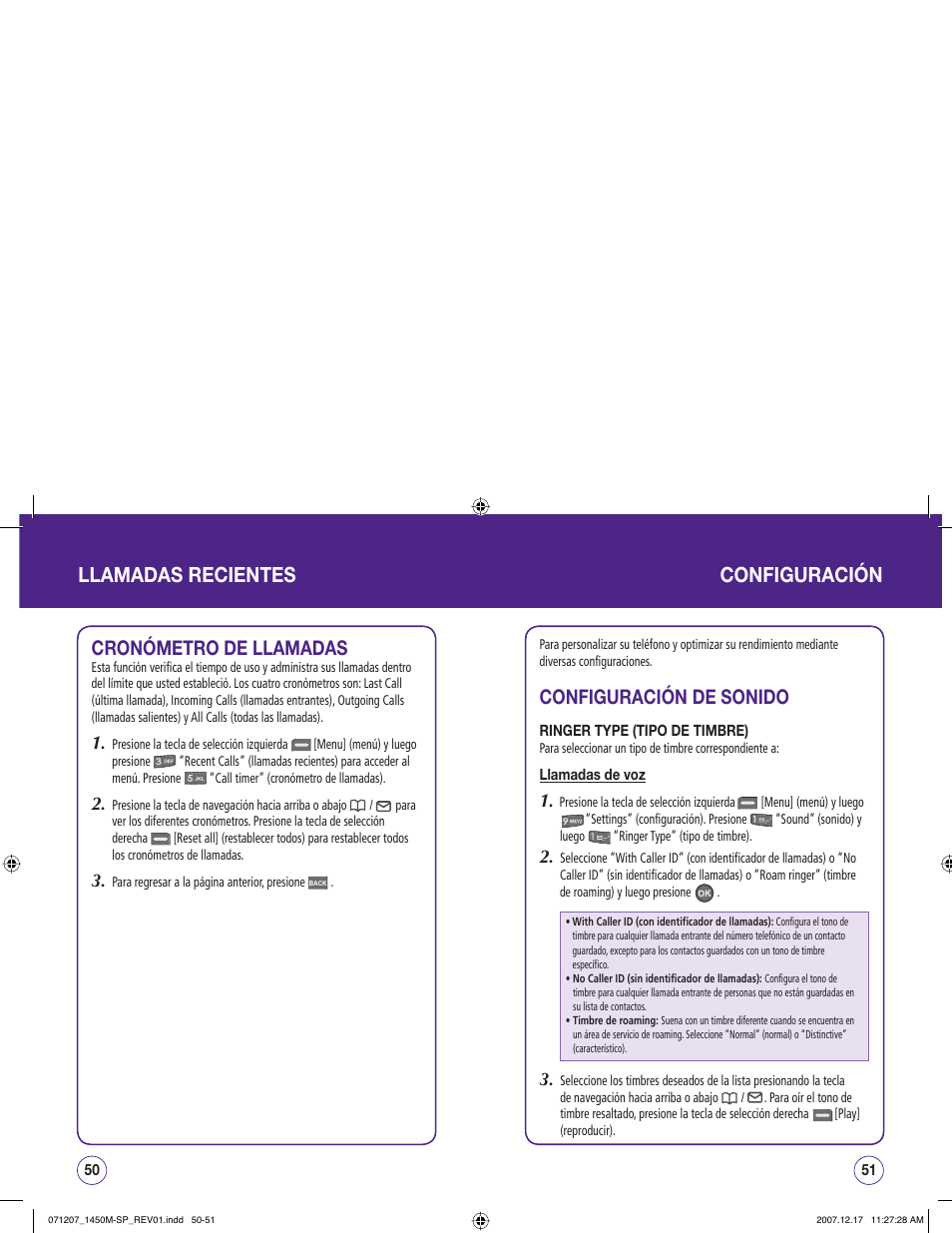 Llamadas recientes, Configuración, Configuración de sonido | Cronómetro de llamadas | UTStarcom CDM1450 User Manual | Page 106 / 166