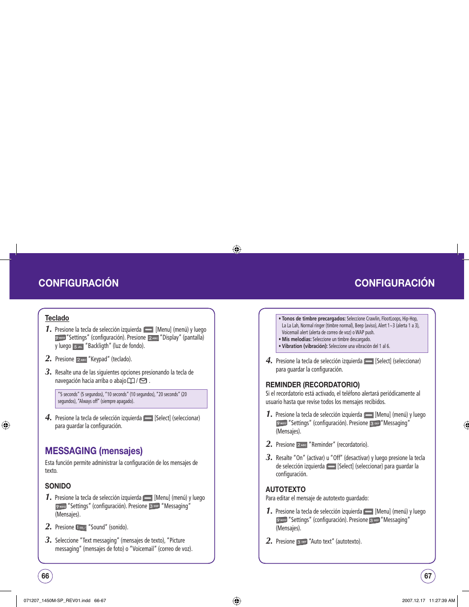 Configuración configuración, Messaging (mensajes) | UTStarcom CDM1450 User Manual | Page 114 / 166