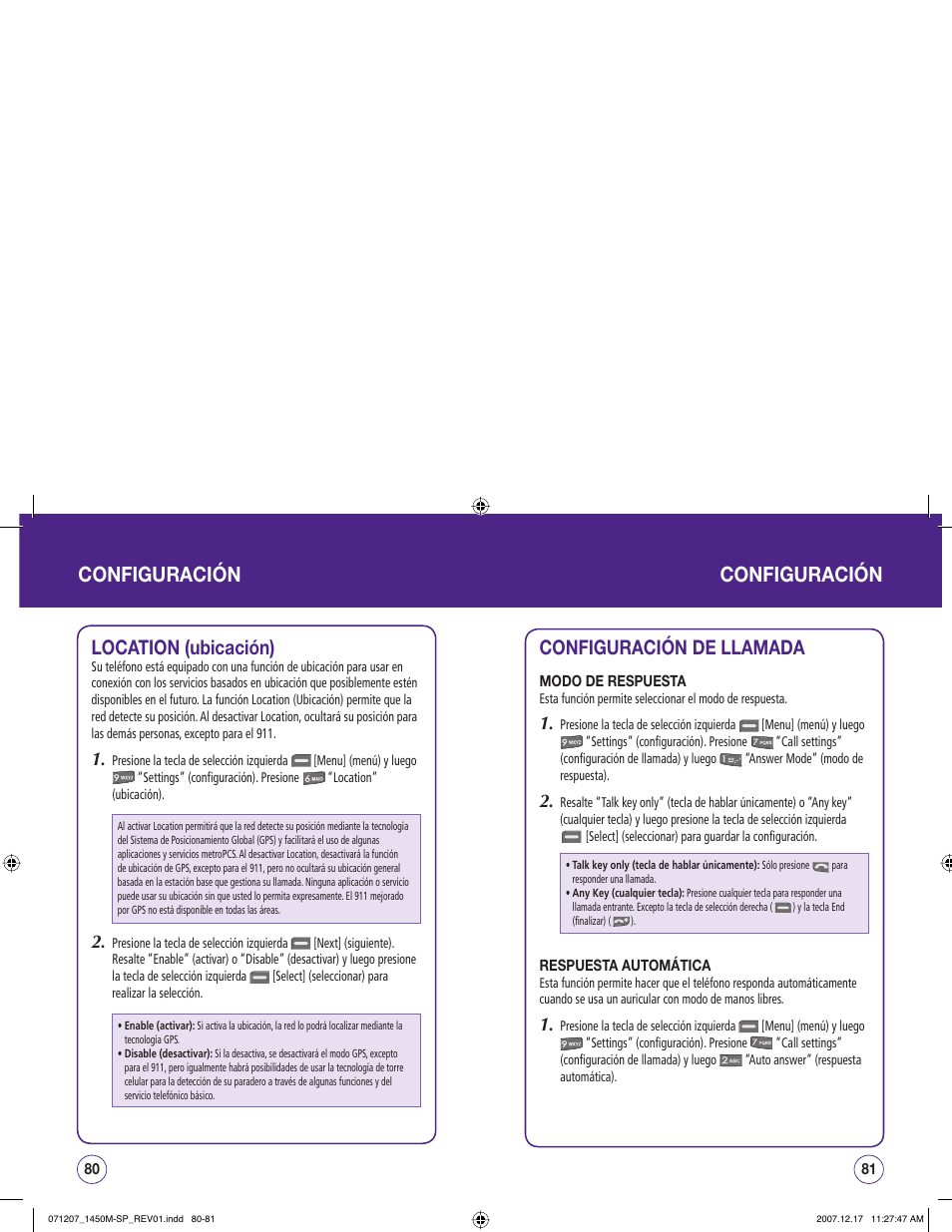 Configuración configuración, Configuración de llamada, Location (ubicación) | UTStarcom CDM1450 User Manual | Page 121 / 166