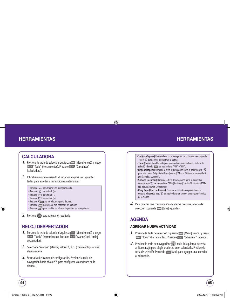 Herramientas, Calculadora, Reloj despertador | Agenda | UTStarcom CDM1450 User Manual | Page 128 / 166
