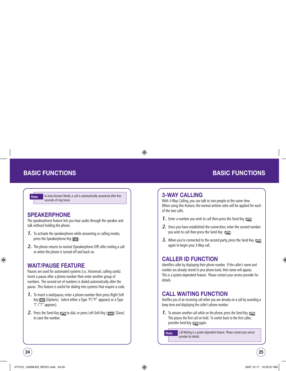 Basic functions, Speakerphone, Wait/pause feature | Way calling, Caller id function, Call waiting function | UTStarcom CDM1450 User Manual | Page 13 / 166