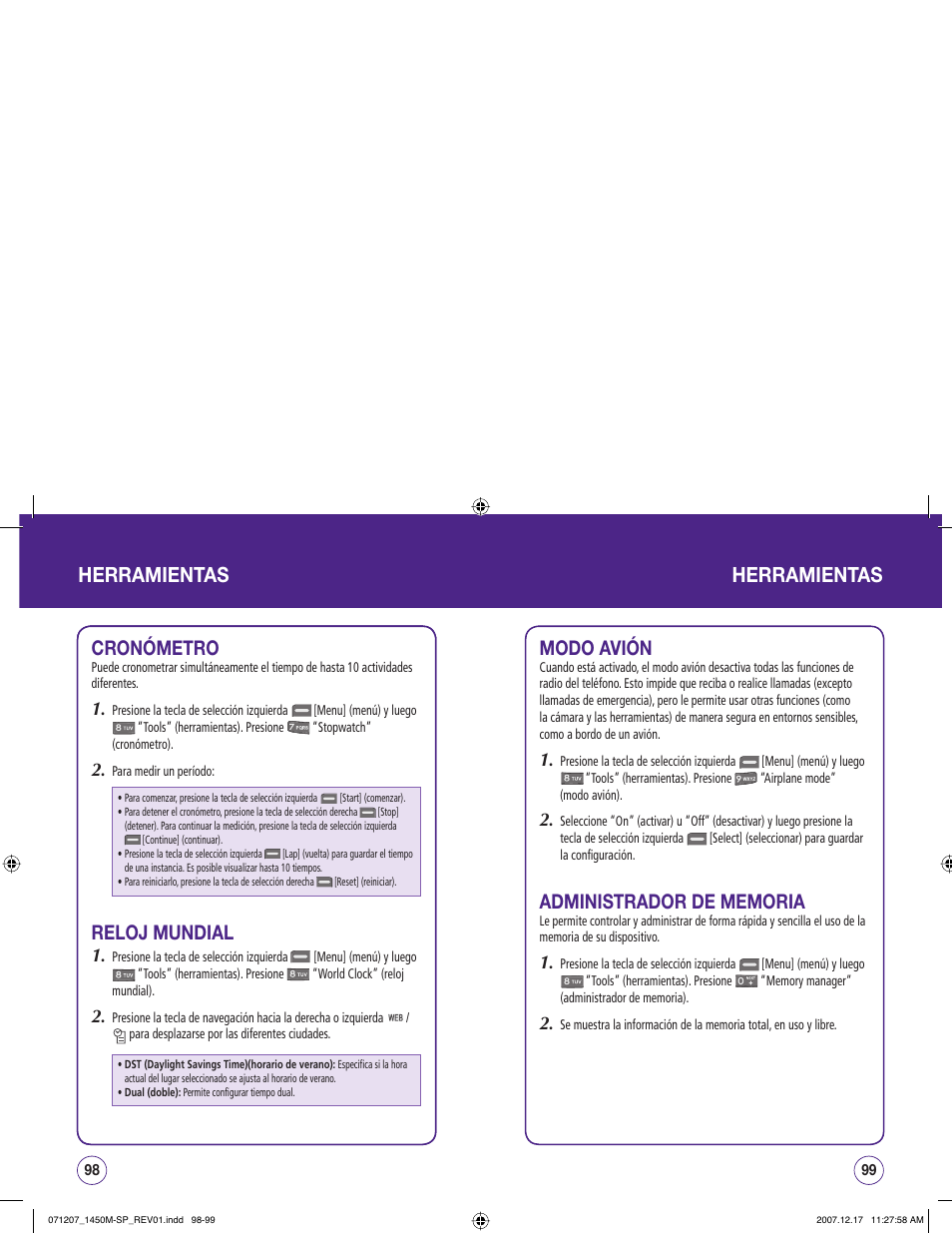 Herramientas, Cronómetro, Reloj mundial | Modo avión | UTStarcom CDM1450 User Manual | Page 130 / 166