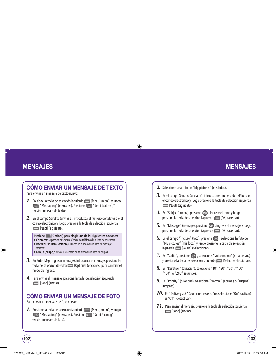 Mensajes, Cómo enviar un mensaje de texto, Cómo enviar un mensaje de foto | UTStarcom CDM1450 User Manual | Page 132 / 166