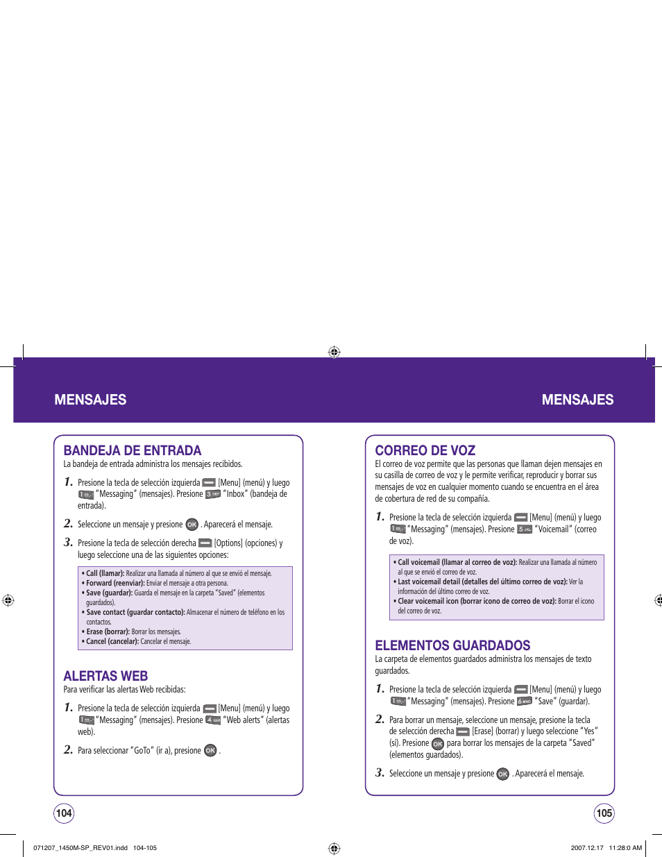 Mensajes, Bandeja de entrada, Alertas web | Correo de voz, Elementos guardados | UTStarcom CDM1450 User Manual | Page 133 / 166