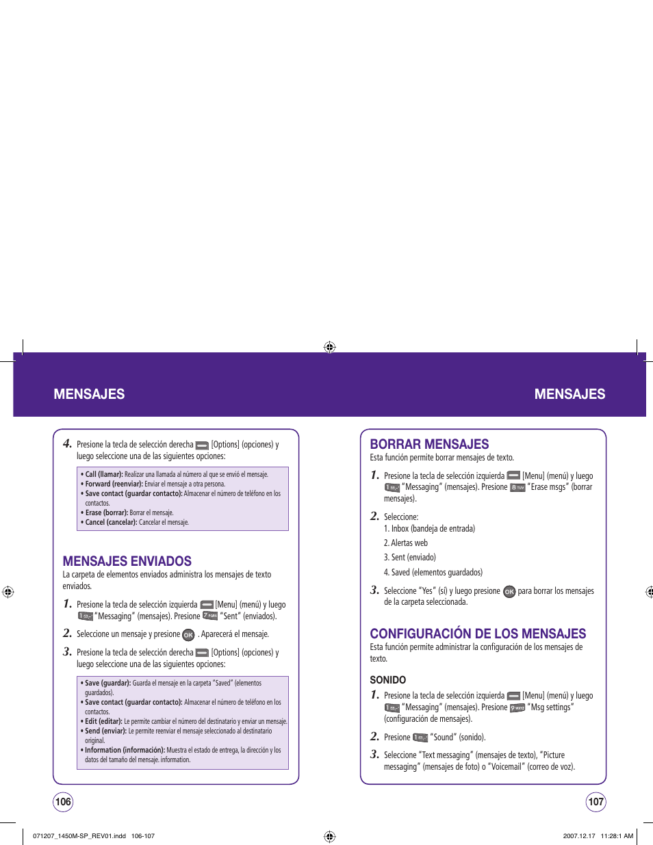 Mensajes, Mensajes enviados, Borrar mensajes | Configuración de los mensajes | UTStarcom CDM1450 User Manual | Page 134 / 166