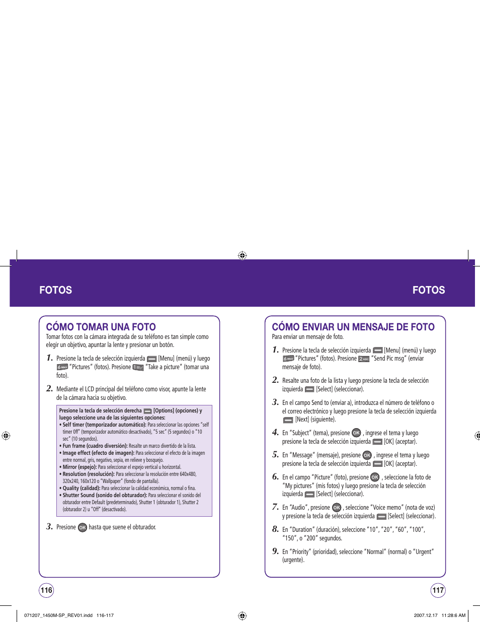 Fotos, Cómo tomar una foto, Cómo enviar un mensaje de foto | UTStarcom CDM1450 User Manual | Page 139 / 166