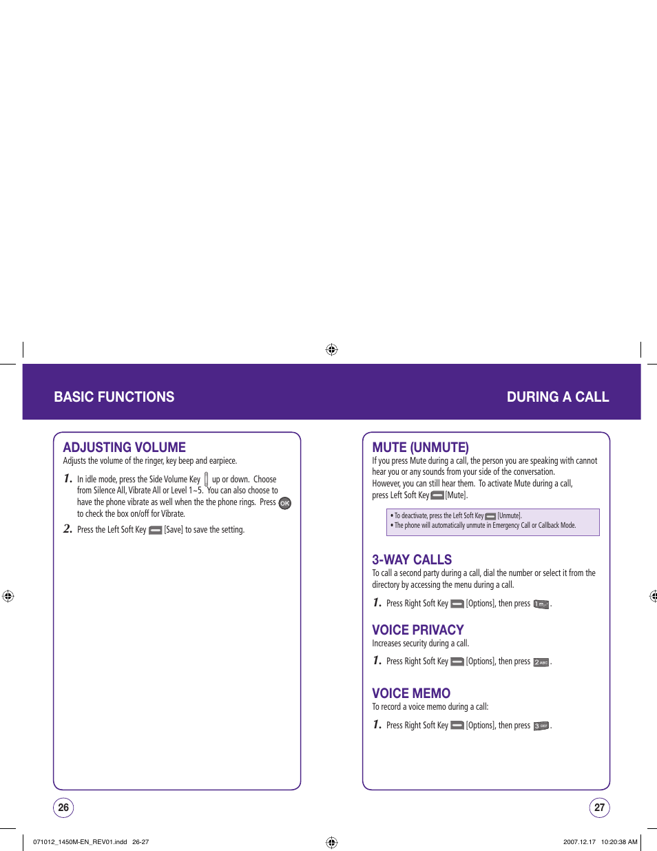 Basic functions during a call, Adjusting volume, Mute (unmute) | Way calls, Voice privacy | UTStarcom CDM1450 User Manual | Page 14 / 166