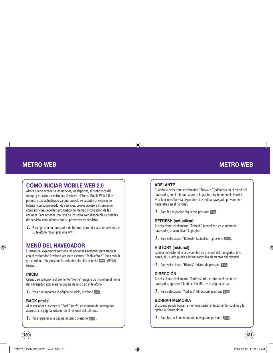 Metro web, Cómo iniciar mobile web 2.0, Menú del navegador | UTStarcom CDM1450 User Manual | Page 146 / 166