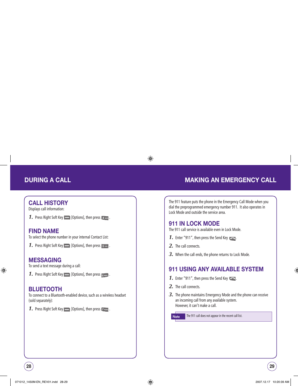 During a call making an emergency call, Call history, Find name | Messaging, Bluetooth, 911 in lock mode, 911 using any available system | UTStarcom CDM1450 User Manual | Page 15 / 166