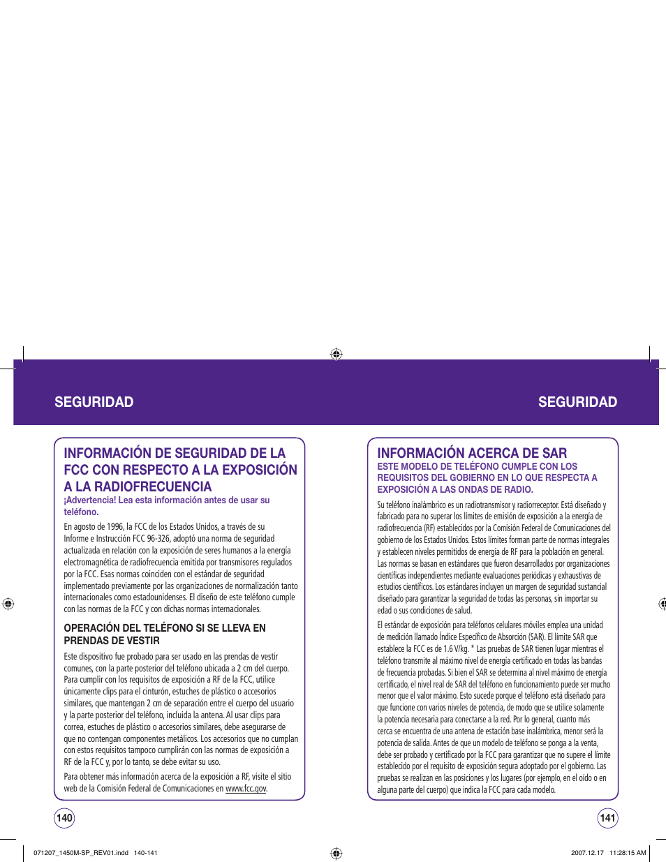 Seguridad, Información acerca de sar | UTStarcom CDM1450 User Manual | Page 151 / 166