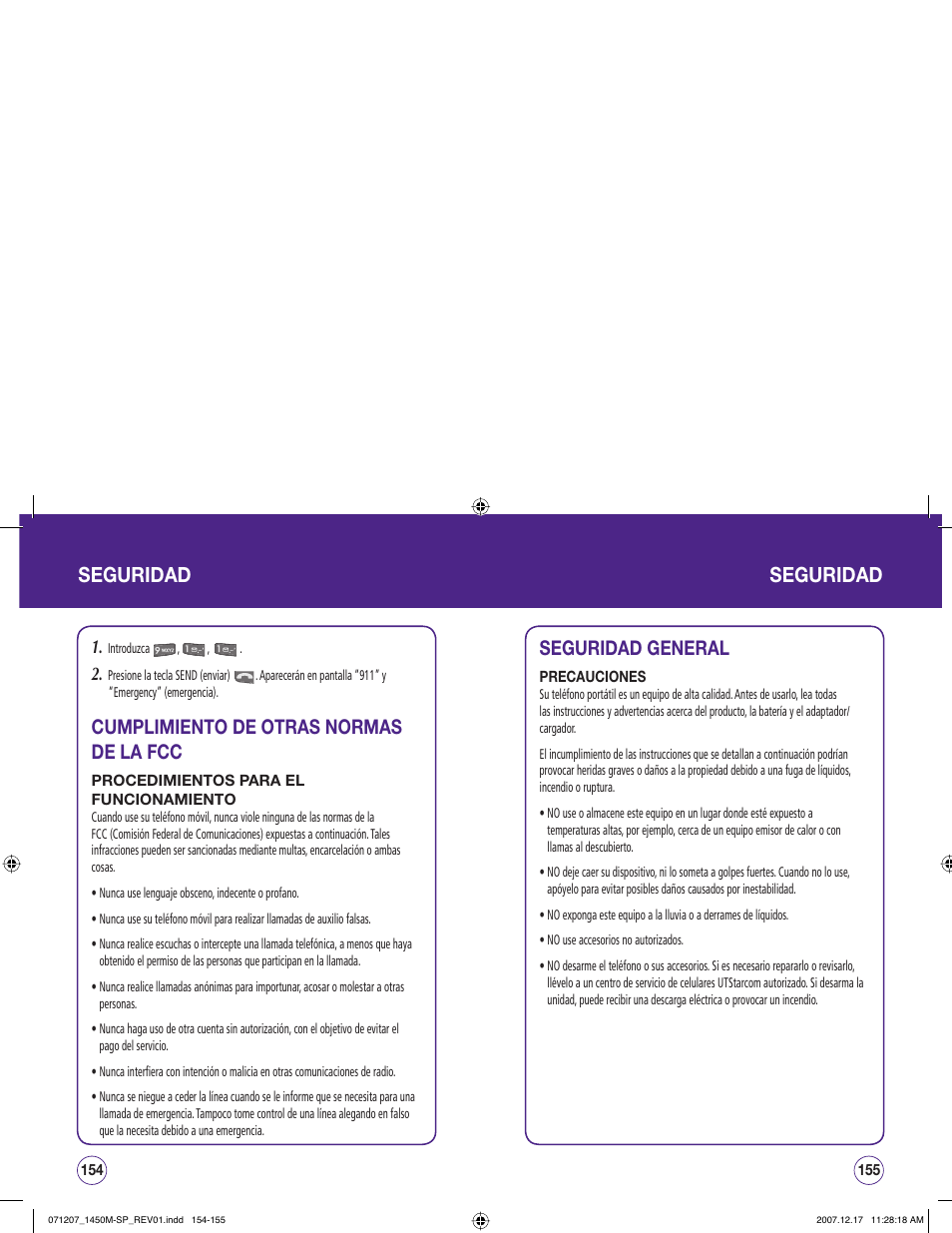 Seguridad, Cumplimiento de otras normas de la fcc, Seguridad general | UTStarcom CDM1450 User Manual | Page 158 / 166