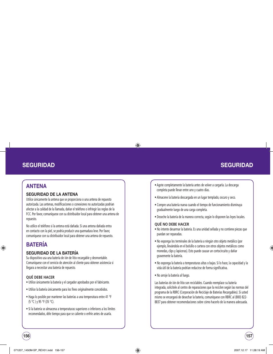Seguridad, Antena, Batería | UTStarcom CDM1450 User Manual | Page 159 / 166