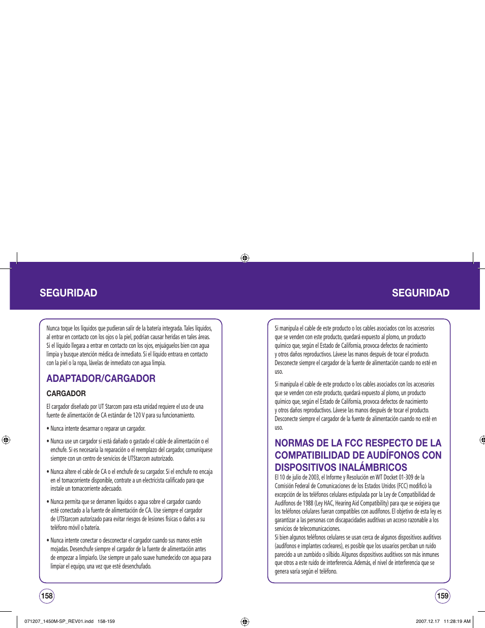 Seguridad, Adaptador/cargador | UTStarcom CDM1450 User Manual | Page 160 / 166