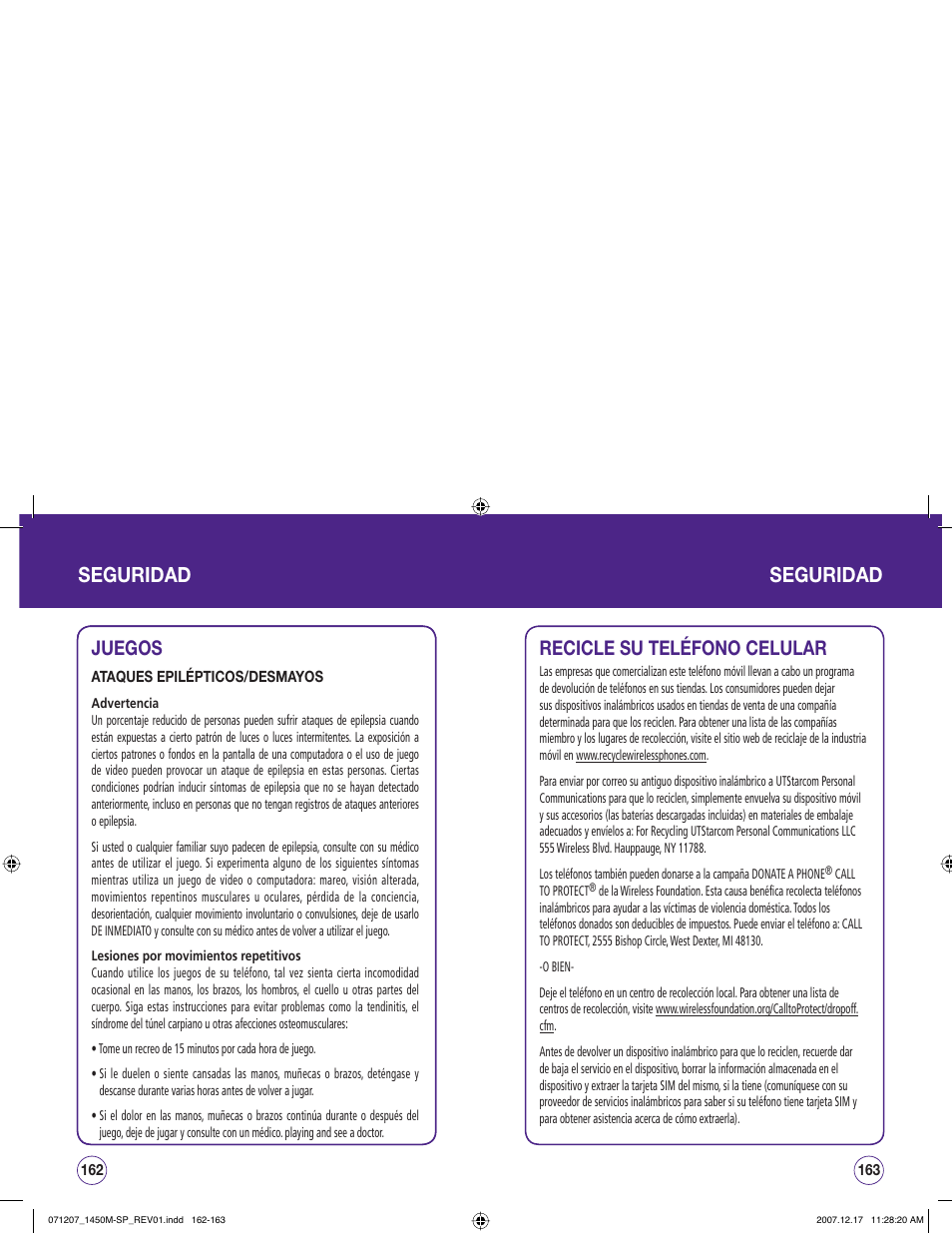 Seguridad, Juegos, Recicle su teléfono celular | UTStarcom CDM1450 User Manual | Page 162 / 166